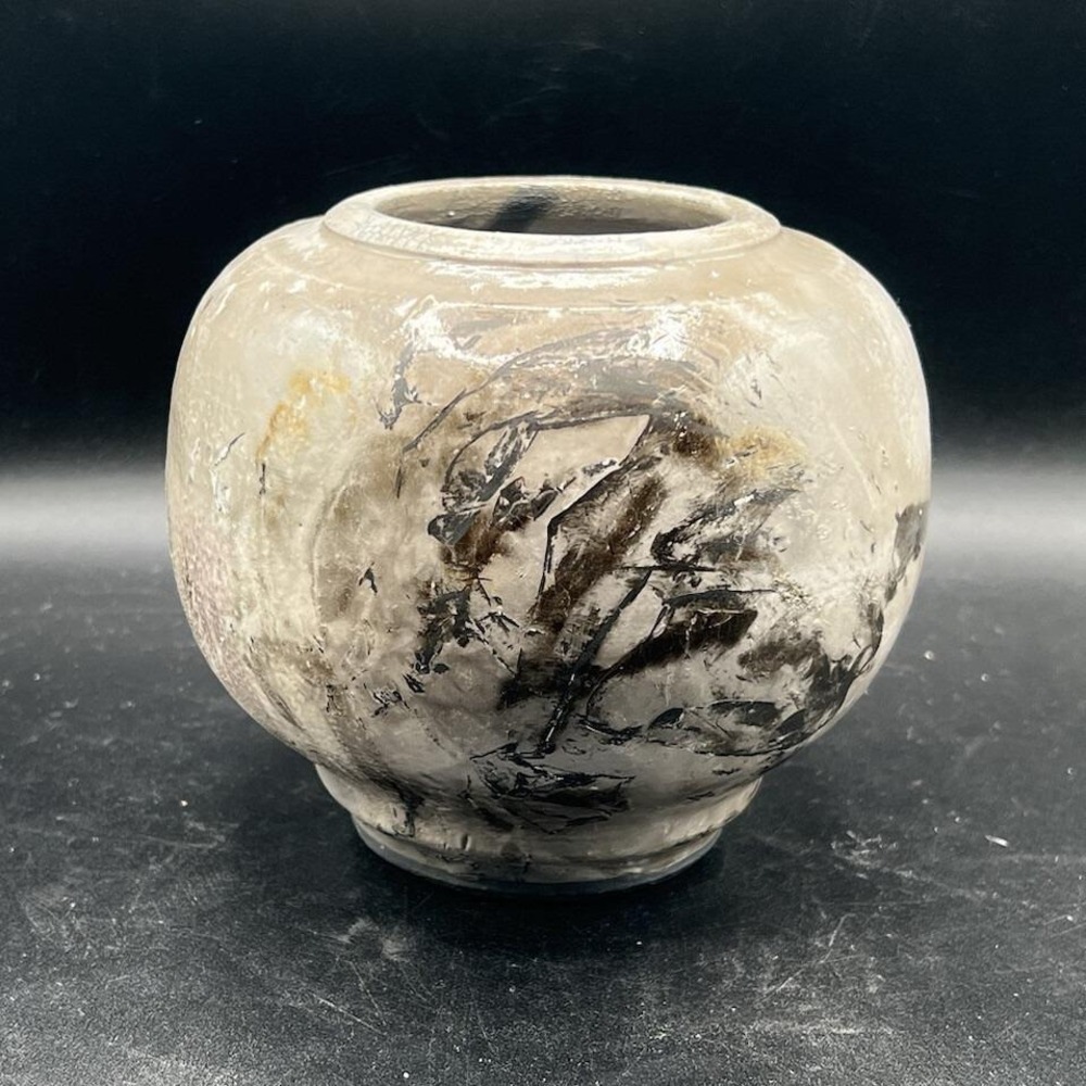Studio Pottery Hand Thrown Pit Fired Raku Style Round Vase Signed Artisan Decor
